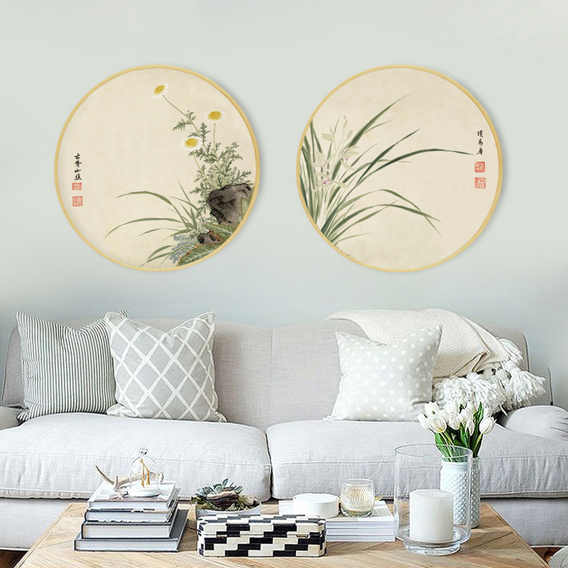 实木圆形水墨花卉国画客厅装饰画沙发背景墙壁画餐厅玄关过道挂画