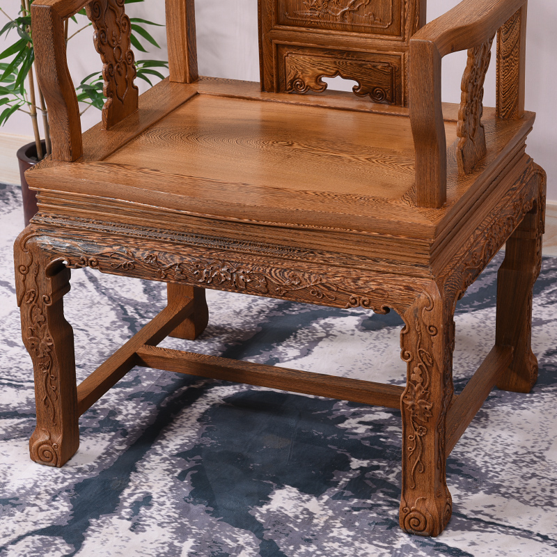 红木家具鸡翅木官帽椅雕花仿古中式实木太师椅皇宫椅原木单人椅子