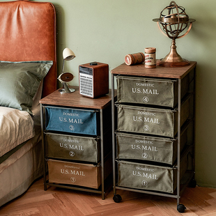 收纳柜移动储物柜家用边角柜 左耳家工业风铁艺沙发边帆布抽屉式