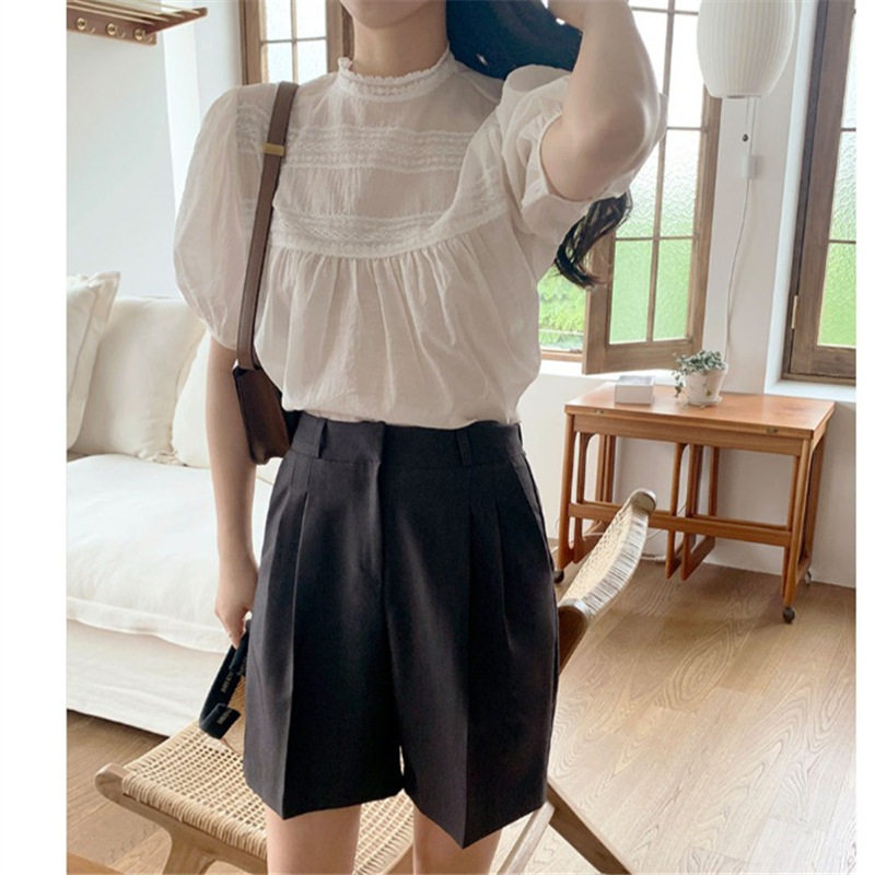 新品女装韩版法式花边立领衬衫 女大码拼接轻薄微透小衫女上衣F33