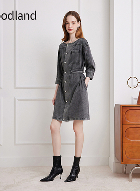 Goodland美地女装2025秋季新款灰色牛仔连衣裙LC35305100