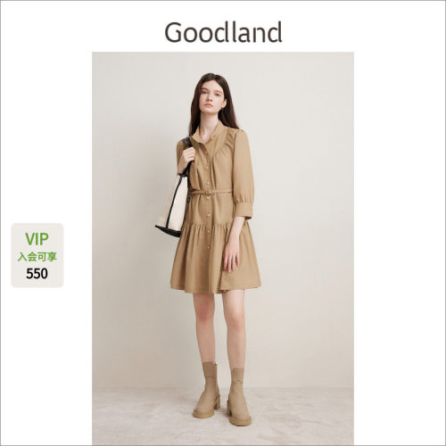Goodland美地女装法式小立领收腰连衣裙短款a字裙显瘦LC34105420