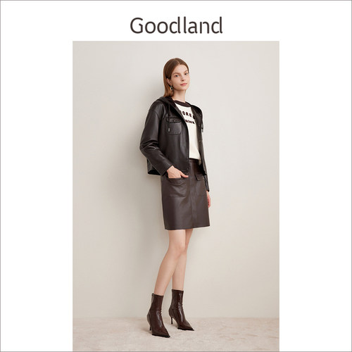 Goodland美地女装深咖休闲风羊皮连帽皮衣外套女短款LC34309020