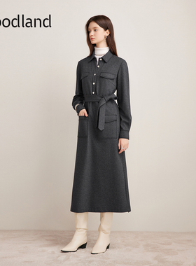 Goodland美地2024年冬新款羊毛混纺法式气质衬衫领连衣裙长款