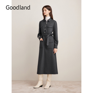领连衣裙长款 气质衬衫 羊毛混纺法式 Goodland美地2024年冬新款