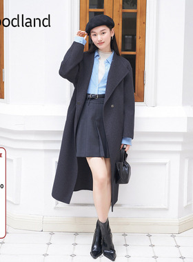 Goodland美地灰色100羊毛大衣外套女长款一粒扣LC34580110