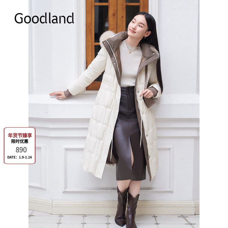 Goodland美地白色狐狸毛领连帽羽绒服女长款鸭绒LC34508120