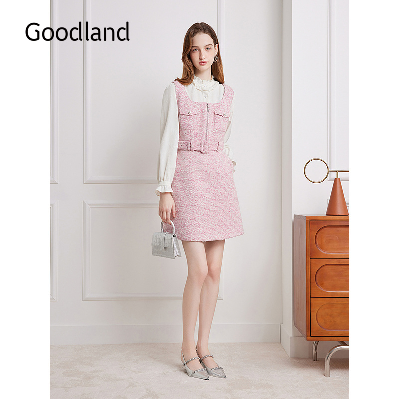 Goodland美地女装2025秋新品小香风背心连衣裙短款LC35305050