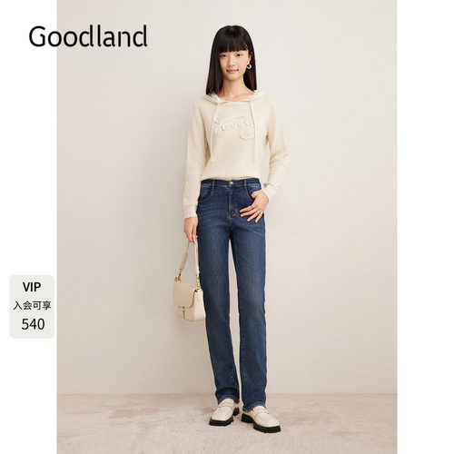 Goodland美地2024难冬季新款羊毛混纺法式绞花肌理连帽毛针织衫