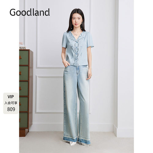 Goodland美地法式刺绣短袖衬衫女v领上衣2026秋新款LC36330100