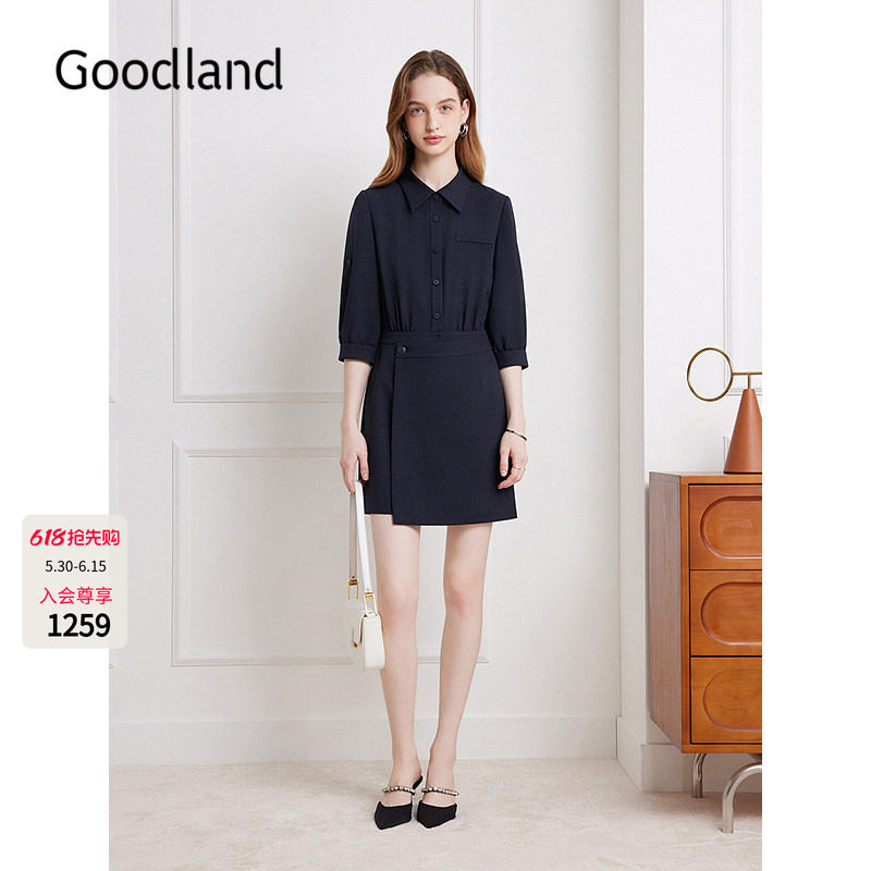 Goodland美地女装2025秋季新款气质假两件衬衫式连衣裙LC35305210