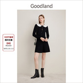 娃娃领收腰假两件针织连衣裙短款 Goodland美地女装 羊毛混纺法式