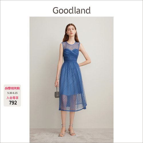 Goodland美地优雅烫钻网纱蕾丝无袖连衣裙女夏季小礼服LC34205540