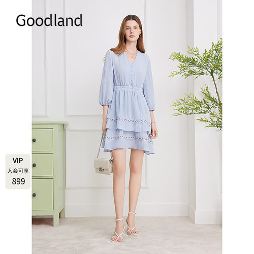 Goodland美地灰蓝色法式蕾丝连衣裙蛋糕裙2026新款LC36105310