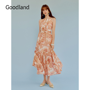 Goodland美地女装2026春季新款复古腰果花印花连衣裙LC36105130