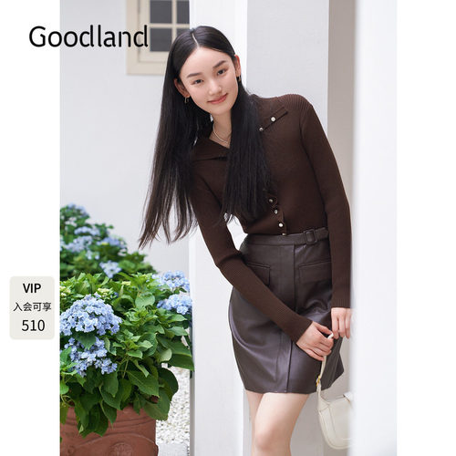 Goodland美地2024年冬季新款羊毛混纺翻领修身花边长袖针织衫