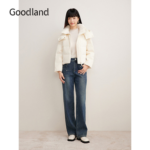 白色鸭绒立领连帽羽绒服短款 新款 2024年冬季 Goodland美地女装