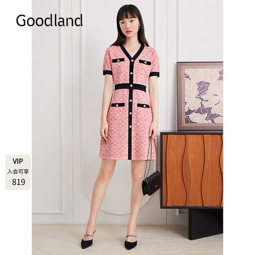 Goodland美地粉色天丝小香风提花短袖连衣裙女夏季LC35206457