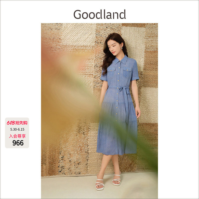 Goodland美地女装夏季仿牛仔双绉收腰短袖衬衫式连衣裙长款