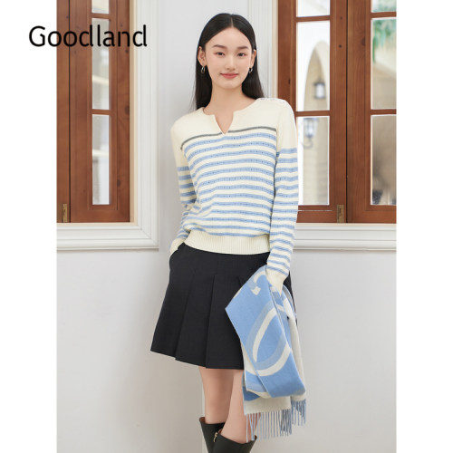 Goodland美地蓝白条纹针织衫女法式毛衣短款羊毛混纺LC34506460