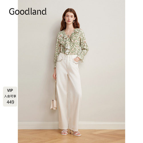 Goodland美地女装棉质法式印花衬衫荷叶边长袖上衣LC35170110
