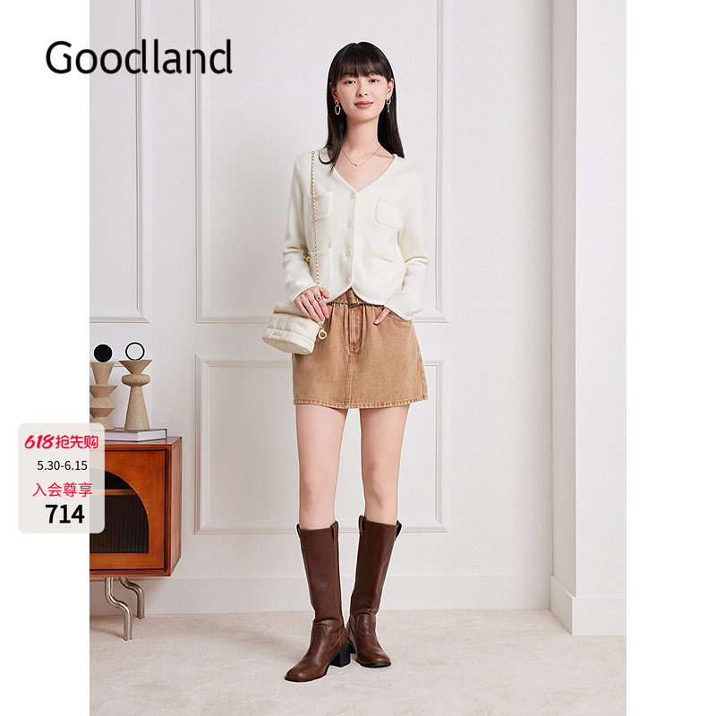 Goodland美地女装兔毛羊毛纺v领长袖针织衫2025秋新款LC35306440