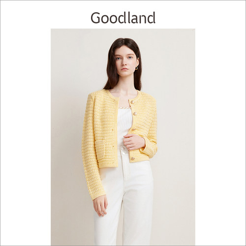 Goodland美地女装春秋季镂空花纱圆领针织开衫外套短款LC34106310