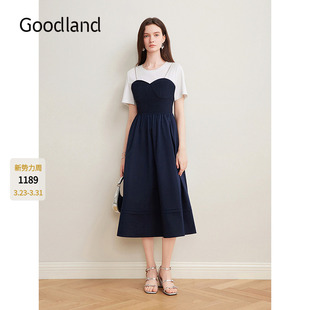 洋气吊带拼接短袖 新款 假两件醋酸连衣裙 2025夏季 Goodland美地女装