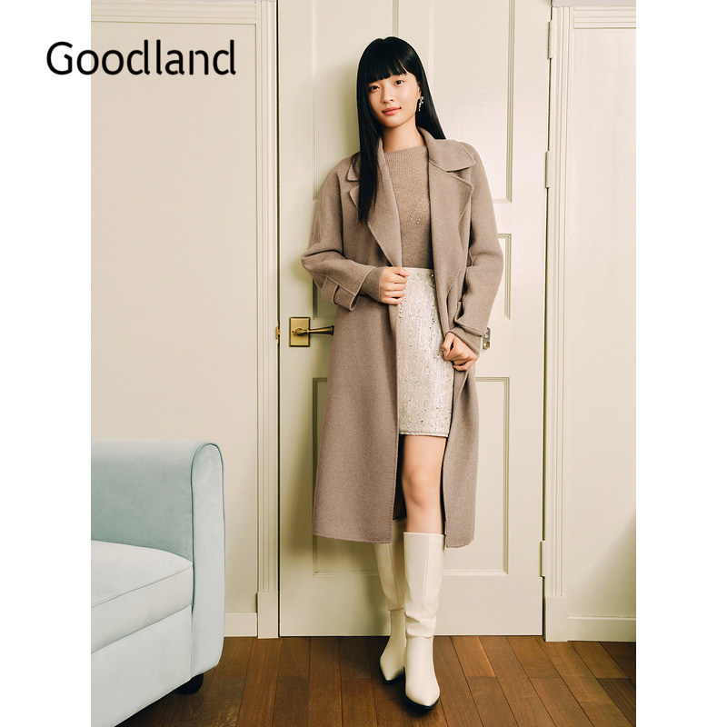 Goodland美地浅咖色翻领系带羊毛羊绒大衣外套女长款LC34580320