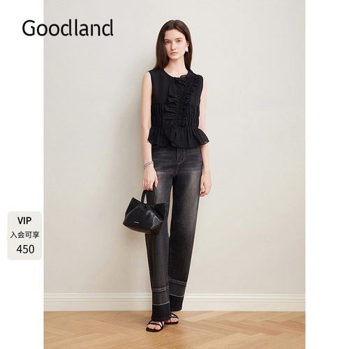 Goodland美地欧根纱泡泡纱荷叶边无袖上衣女夏季薄款LC35270170