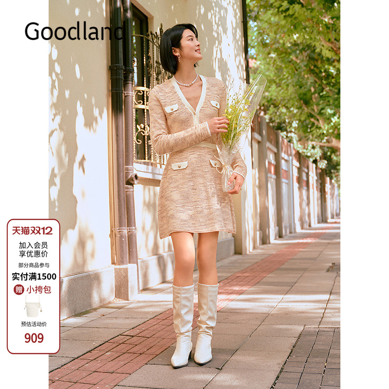 Goodland美地女装法式小香风v领针织连衣裙2025秋新款LC35306217