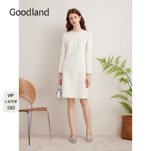 Goodland美地女装优雅气质花纱法式小香风连衣裙高级感LC34305560