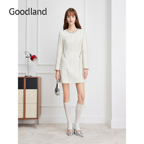 Goodland美地法式轻奢小香风钉珠2026秋季新款连衣裙LC36305310