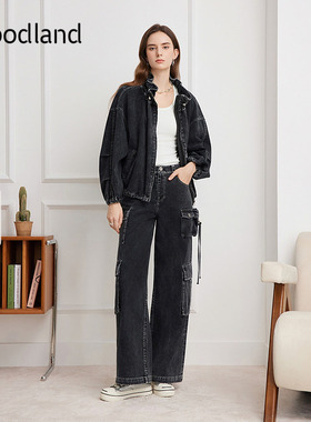 Goodland美地灰色工装牛仔裤女直筒阔腿裤2026春季新款LC36120070