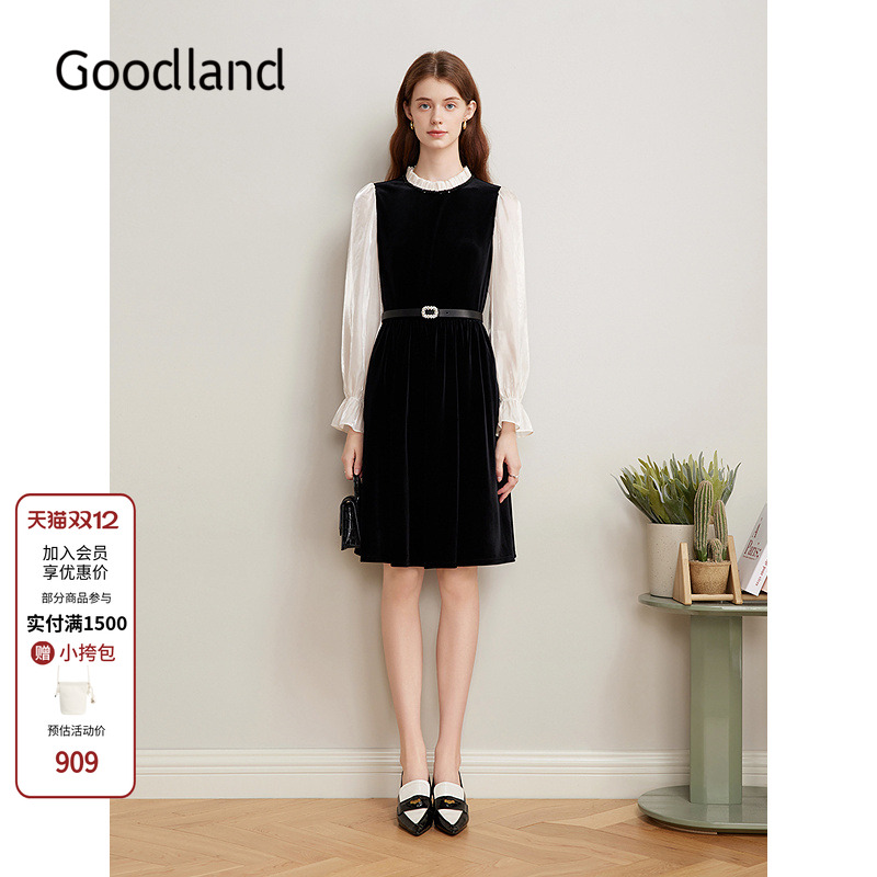 Goodland美地女装优雅法式丝绒收腰连衣裙LC35105320（配腰带）