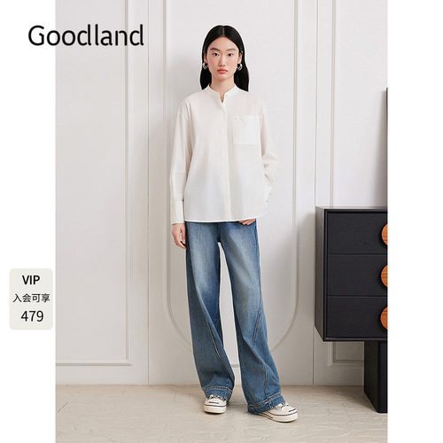 Goodland美地女装2025秋新款宽松小立领长袖白衬衫LC35330020
