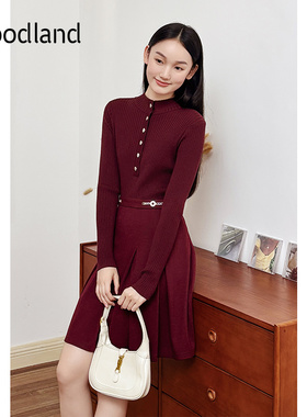Goodland美地2024冬季新款复古安可拉红法式羊毛针织连衣裙收腰