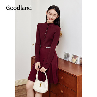 羊毛针织连衣裙收腰 复古安可拉红法式 Goodland美地2024冬季 新款
