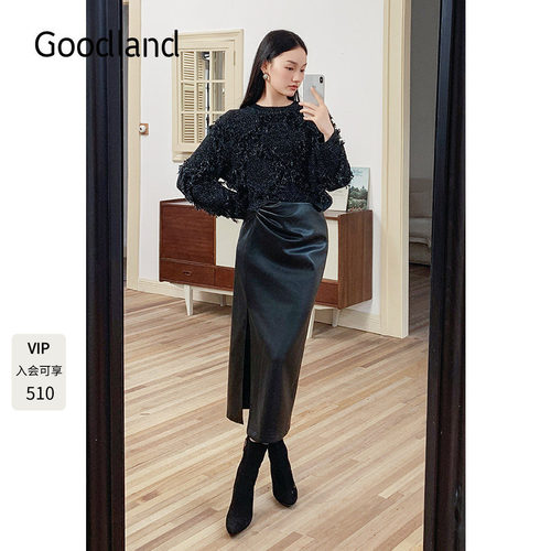Goodland美地女装2024年冬季新款黑色亮丝流苏圆领毛衣羊毛针织衫