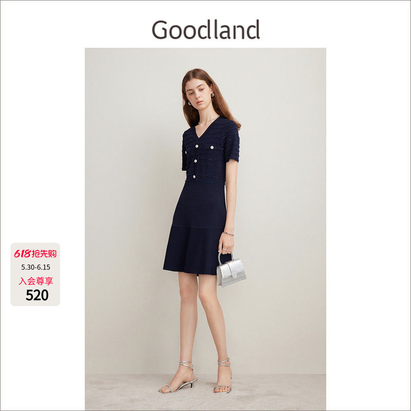 Goodland美地优雅小香风v领短袖针织连衣裙女夏季a字LC34206497