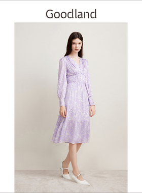 【柔润真丝】Goodland美地2024春夏系列紫色印花桑蚕丝茶歇连衣裙