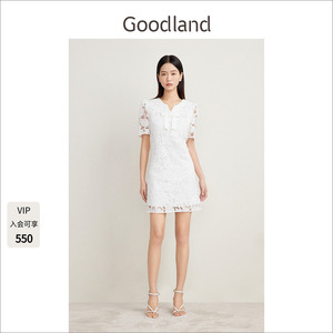 Goodland美地女装夏季白色蕾丝连衣裙短款优雅精致小礼服裙