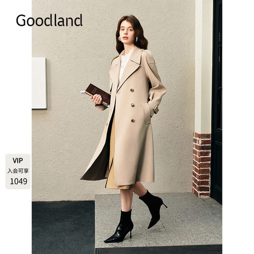 Goodland美地女装经典驼色双排扣风衣外套长款LC35107020
