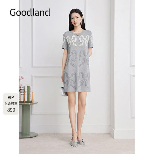 Goodland美地女装2026夏季新款蝴蝶结提花针织连衣裙LC36206347