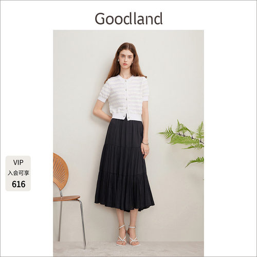 Goodland美地佰搭色a字半身裙女夏季压褶弹力腰LC34250290