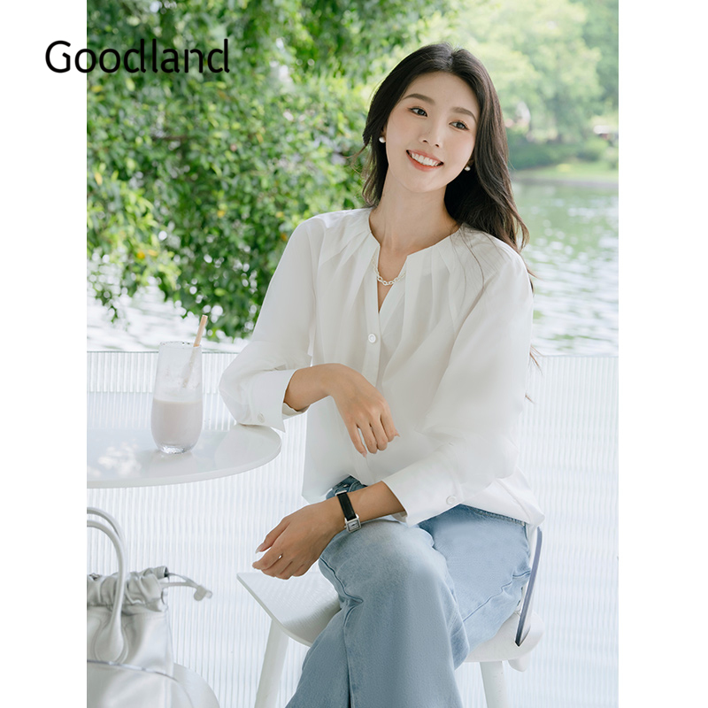 Goodland美地女装优雅气质白色醋酸衬衫长袖v领上衣宽松