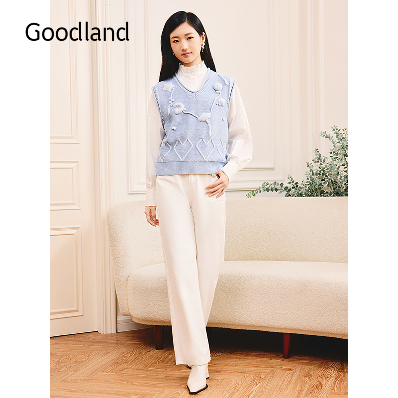 Goodland美地趣味钩针v领针织背心马甲女2025冬季新款LC35504010
