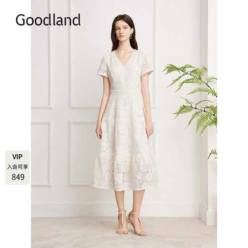Goodland美地法式花卉蕾丝收腰V领连衣裙2026夏季新款LC36205510