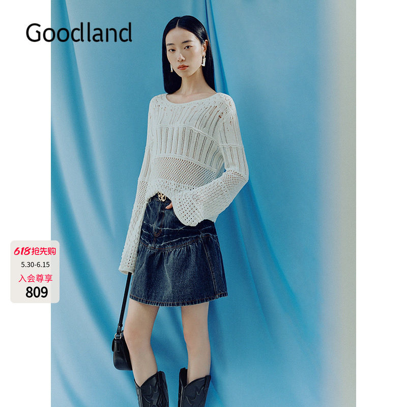 Goodland美地白色法式镂空钩针毛衣女针织衫2026春新款LC36106250