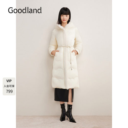 Goodland美地新中式白色水貂毛连帽羽绒服女长款鸭绒LC34508110